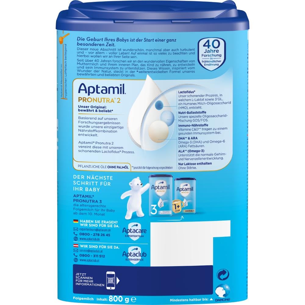 Aptamil Pronutra 2 Follow-on Milk after 6 months, With DHA & ARA, Lactose-free, Palm oil-free (1 x 800g)