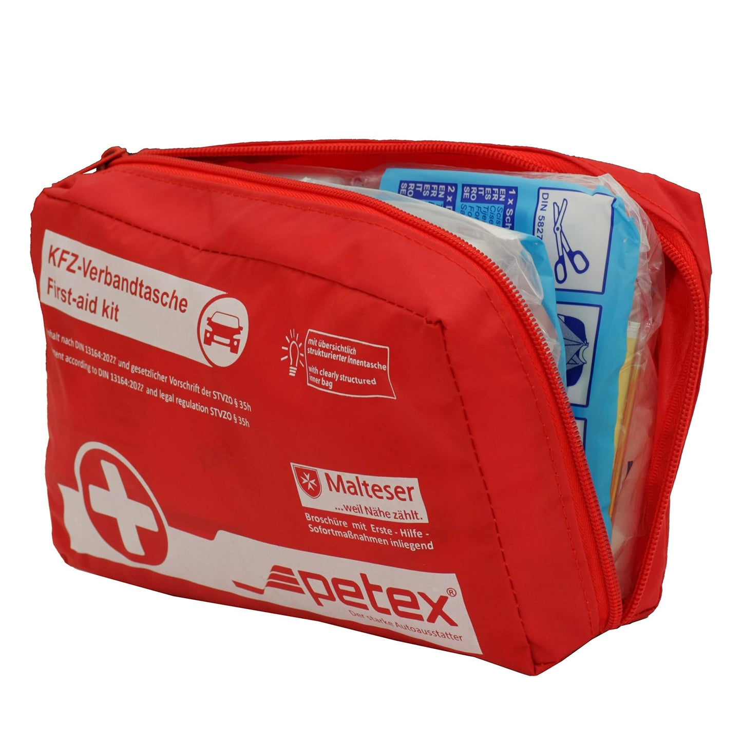 PETEX first aid kit made of nylon fabric: Contents according to DIN 13164 in red