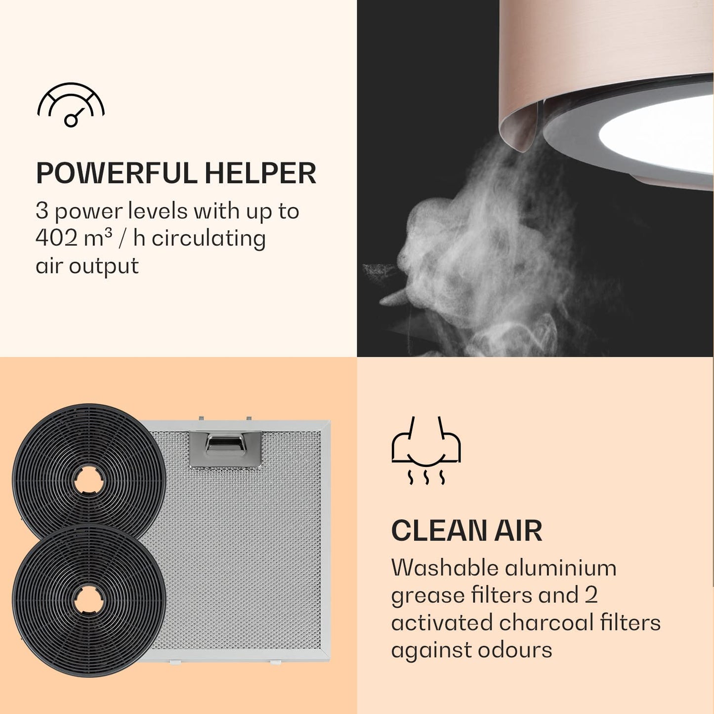 Klarstein Skyfall Smart Island Extractor Hood (Gold): Wi-Fi & app control including activated carbon filter