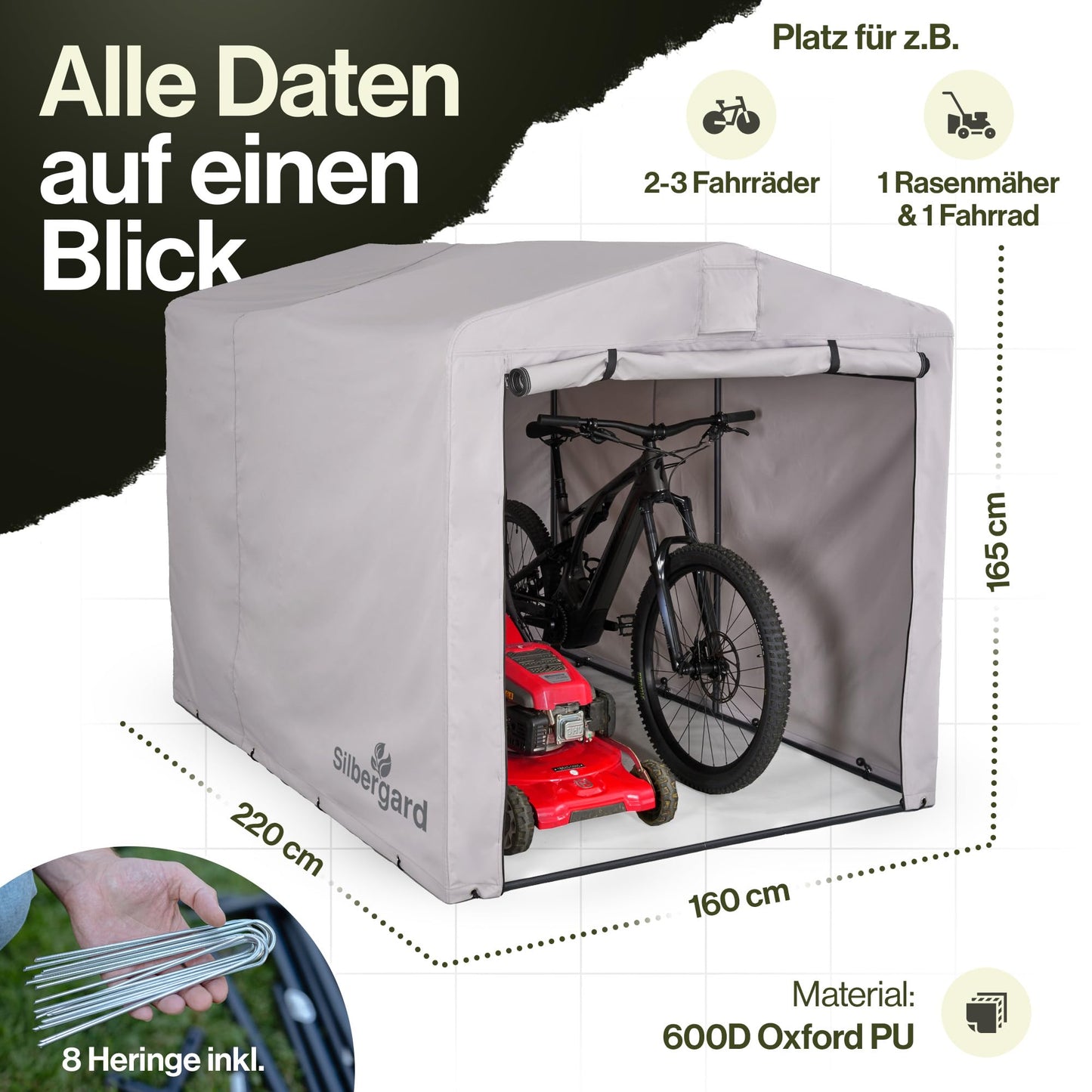 Silbergard bicycle garage with extra depth for e-bikes: weatherproof & tear-resistant