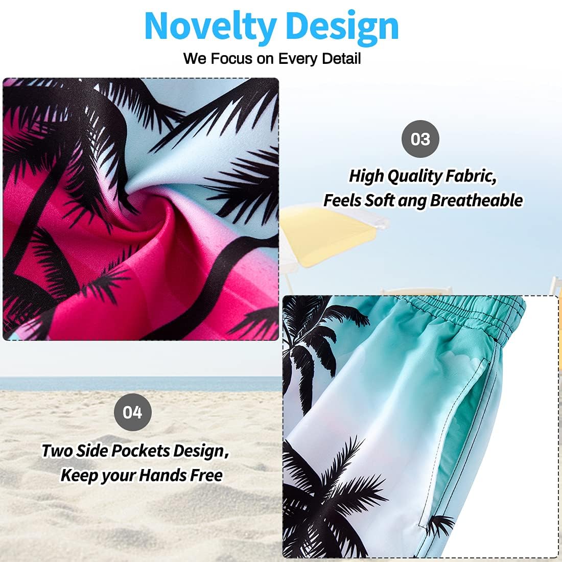 NEWISTAR Hawaii swim shorts for men with 3D palm print: quick-drying with drawstring