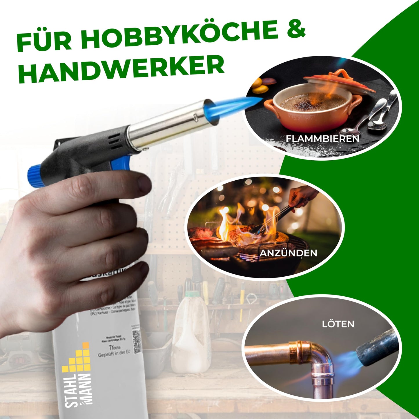 STAHLMANN® gas burner with cartridge (8x227g): flambé burner max. 1300°C temperature
