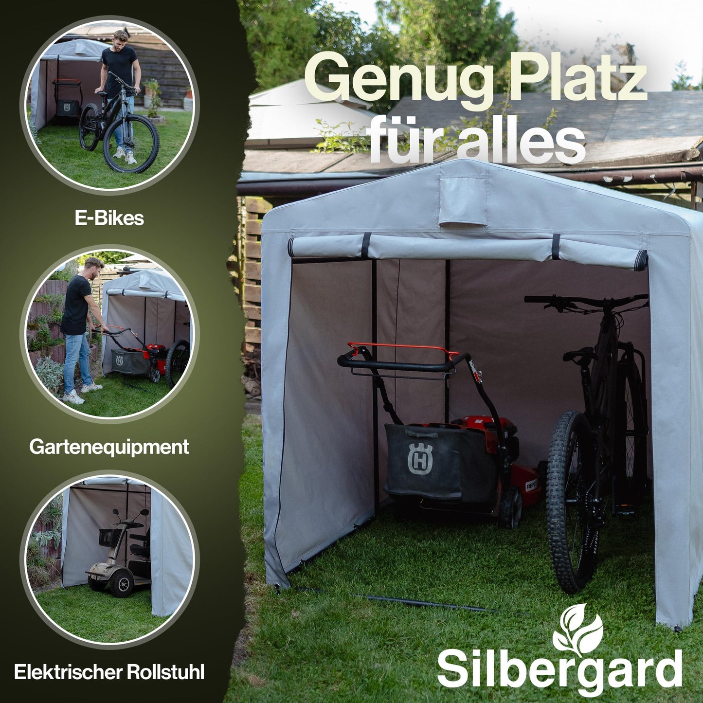Silbergard bicycle garage with extra depth for e-bikes: weatherproof & tear-resistant