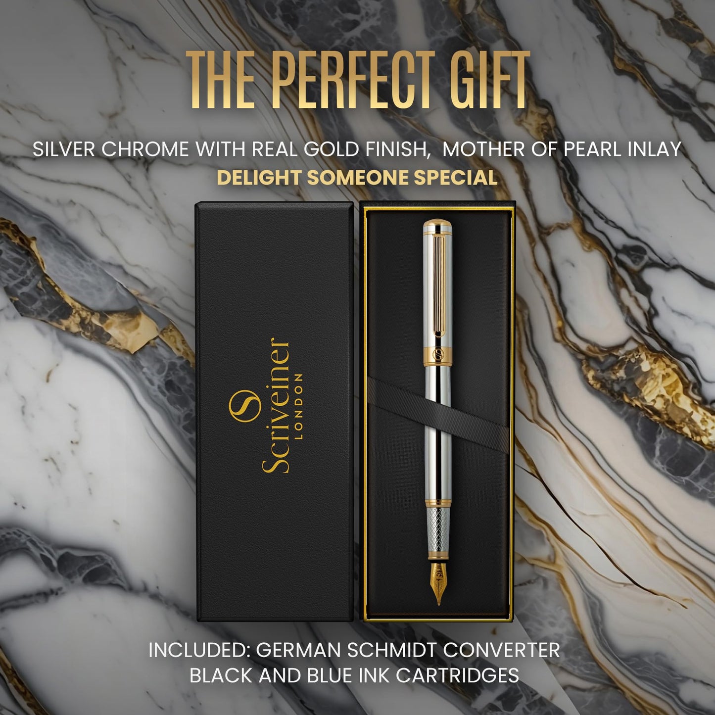 Scriveiner Silver Fountain Pen with Real Gold Finish, Schmidt Gold-Plated Nib (Medium), Best Gift for Men and Women, Managers, Executives (Silver Chrome)