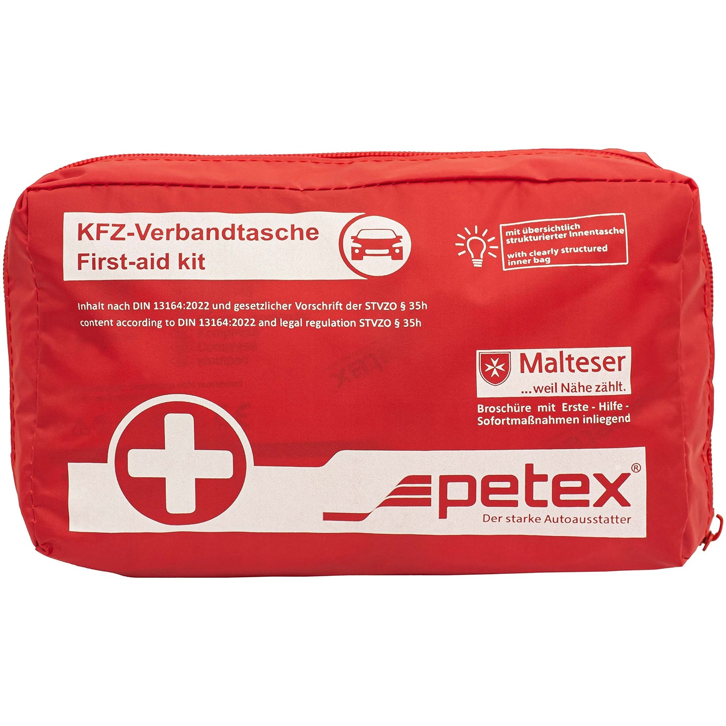 PETEX first aid kit made of nylon fabric: Contents according to DIN 13164 in red