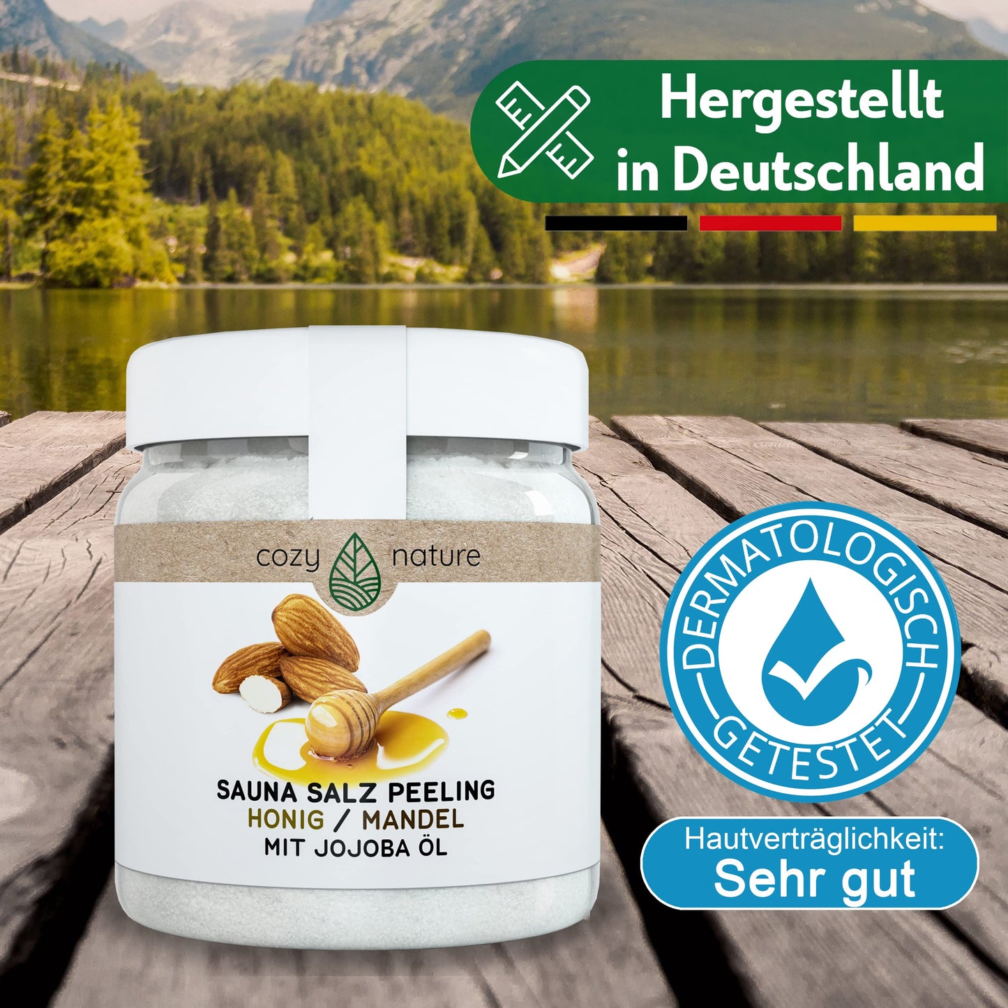 CozyNature® Sauna Salz-Peeling 'Honig Mandel' (500g) inkl. GRATIS Sauna E-Book