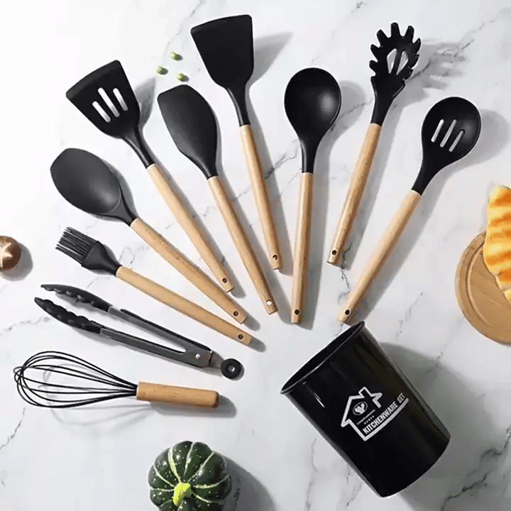 Ensemble d'ustensiles de cuisine en silicone premium de 12 pièces : manche en bois antiadhésif