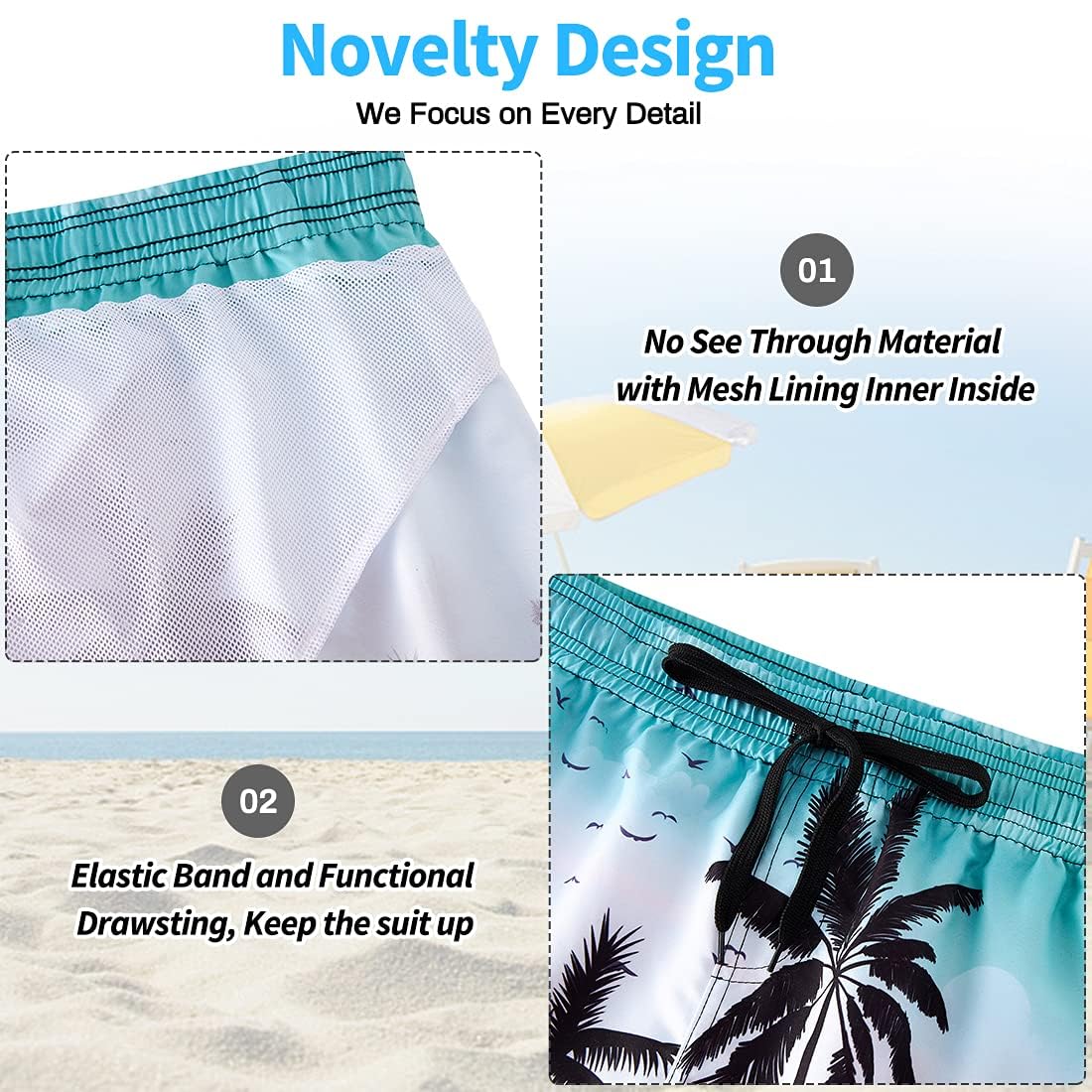 NEWISTAR Hawaii swim shorts for men with 3D palm print: quick-drying with drawstring