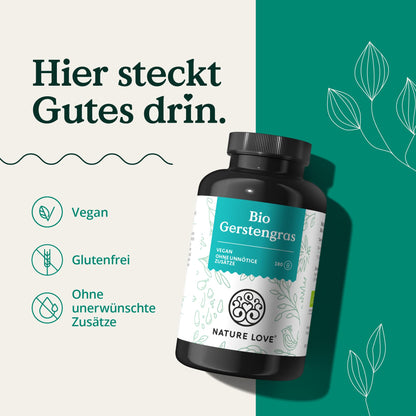 NATURE LOVE® Organic Barley Grass from German cultivation (1500mg per daily dose): 180 Capsules - High dosage
