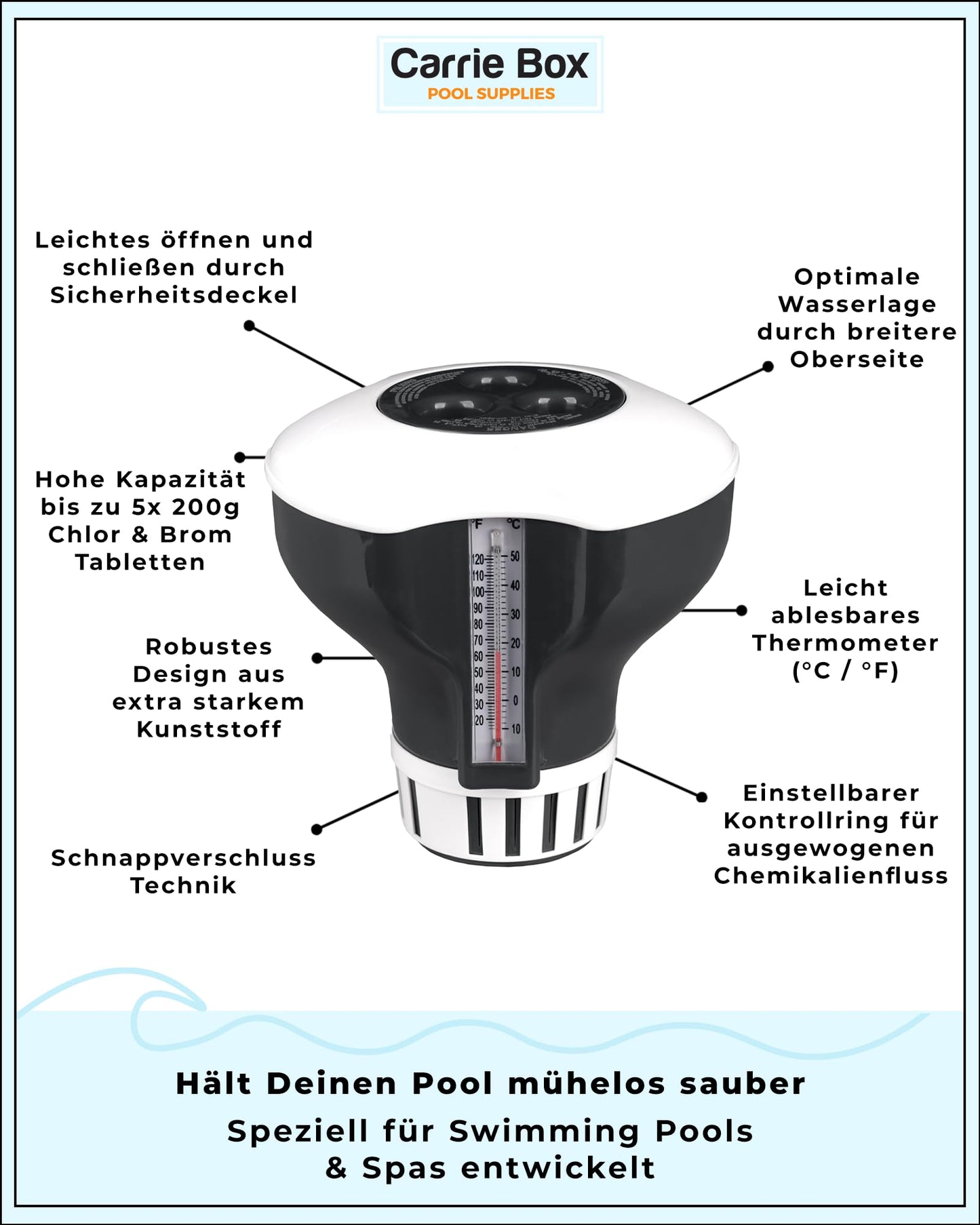 Carrie Box Dosierschwimmer inkl. Thermometer: Chlordosierer, Einstellbar, 20 bis 200g