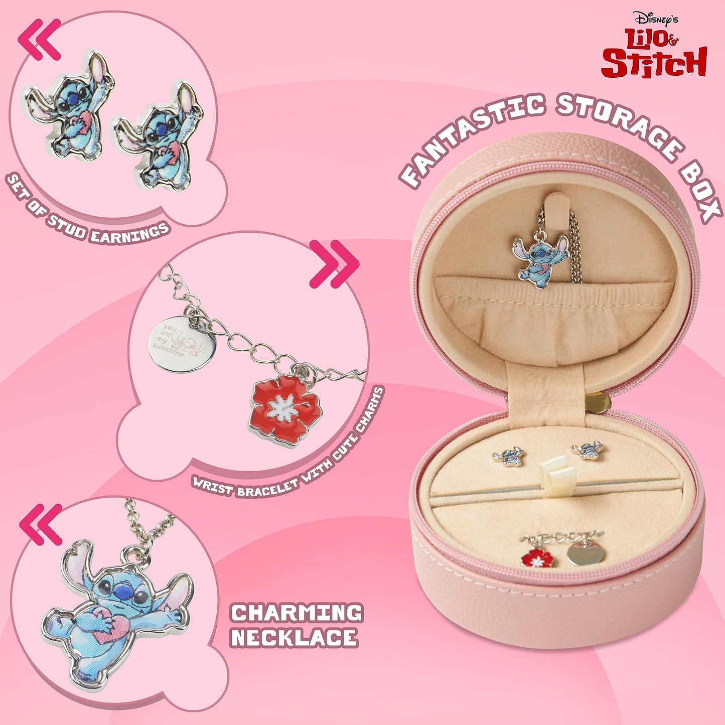 Disney Lilo &amp; Stitch Jewelry Set: Mickey &amp; Minnie Mouse Bracelet, Necklace, Jewelry Box