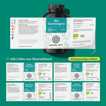 NATURE LOVE® Organic Barley Grass from German cultivation (1500mg per daily dose): 180 Capsules - High dosage