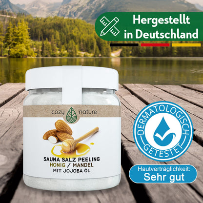 CozyNature® Sauna Salz-Peeling 'Honig Mandel' (500g) inkl. GRATIS Sauna E-Book