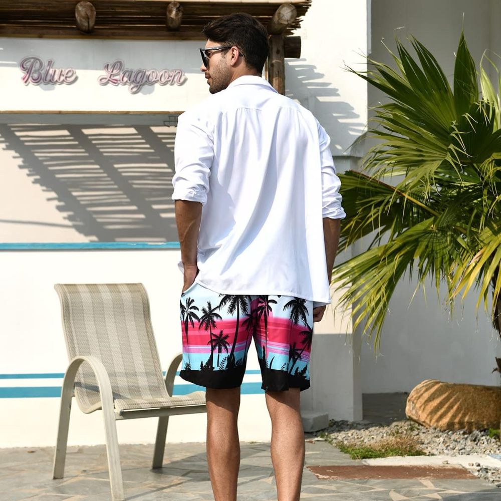 NEWISTAR Hawaii swim shorts for men with 3D palm print: quick-drying with drawstring