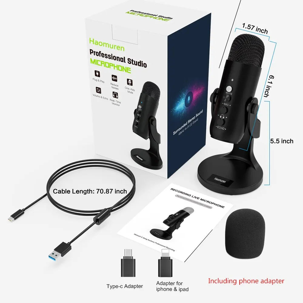 Condensateur de microphone USB | Streaming - Podcasting : avec adaptateur téléphonique et sortie casque
